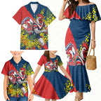 Sydney Roosters Family Matching Mermaid Dress and Hawaiian Shirt Golden Wattle Floral Polynesian - Australian Flower - Rugby Mascot