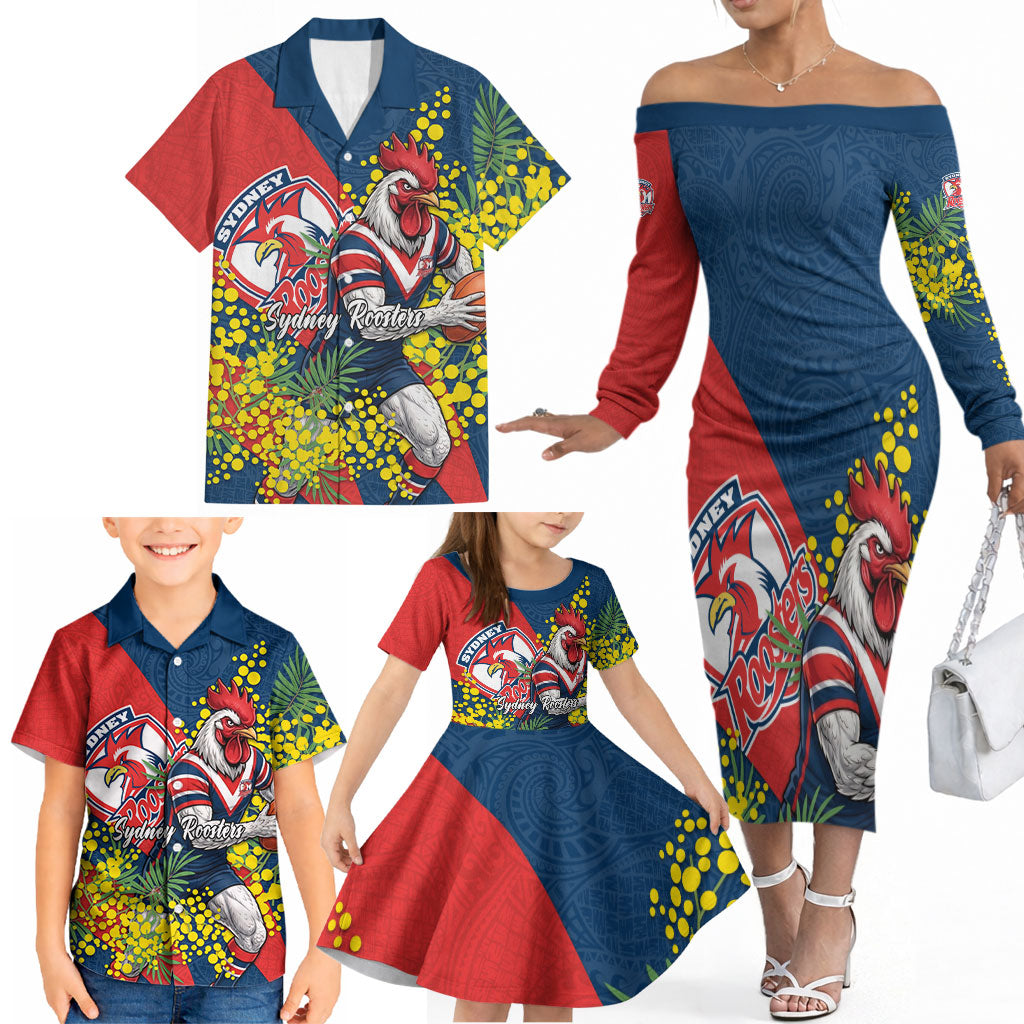 Sydney Roosters Family Matching Off The Shoulder Long Sleeve Dress and Hawaiian Shirt Golden Wattle Floral Polynesian - Australian Flower - Rugby Mascot