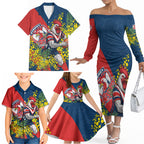 Sydney Roosters Family Matching Off The Shoulder Long Sleeve Dress and Hawaiian Shirt Golden Wattle Floral Polynesian - Australian Flower - Rugby Mascot