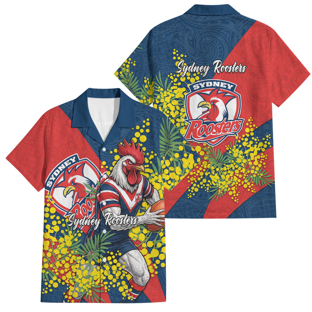 Sydney Roosters Family Matching Off The Shoulder Long Sleeve Dress and Hawaiian Shirt Golden Wattle Floral Polynesian - Australian Flower - Rugby Mascot