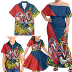 Sydney Roosters Family Matching Off Shoulder Maxi Dress and Hawaiian Shirt Golden Wattle Floral Polynesian - Australian Flower - Rugby Mascot