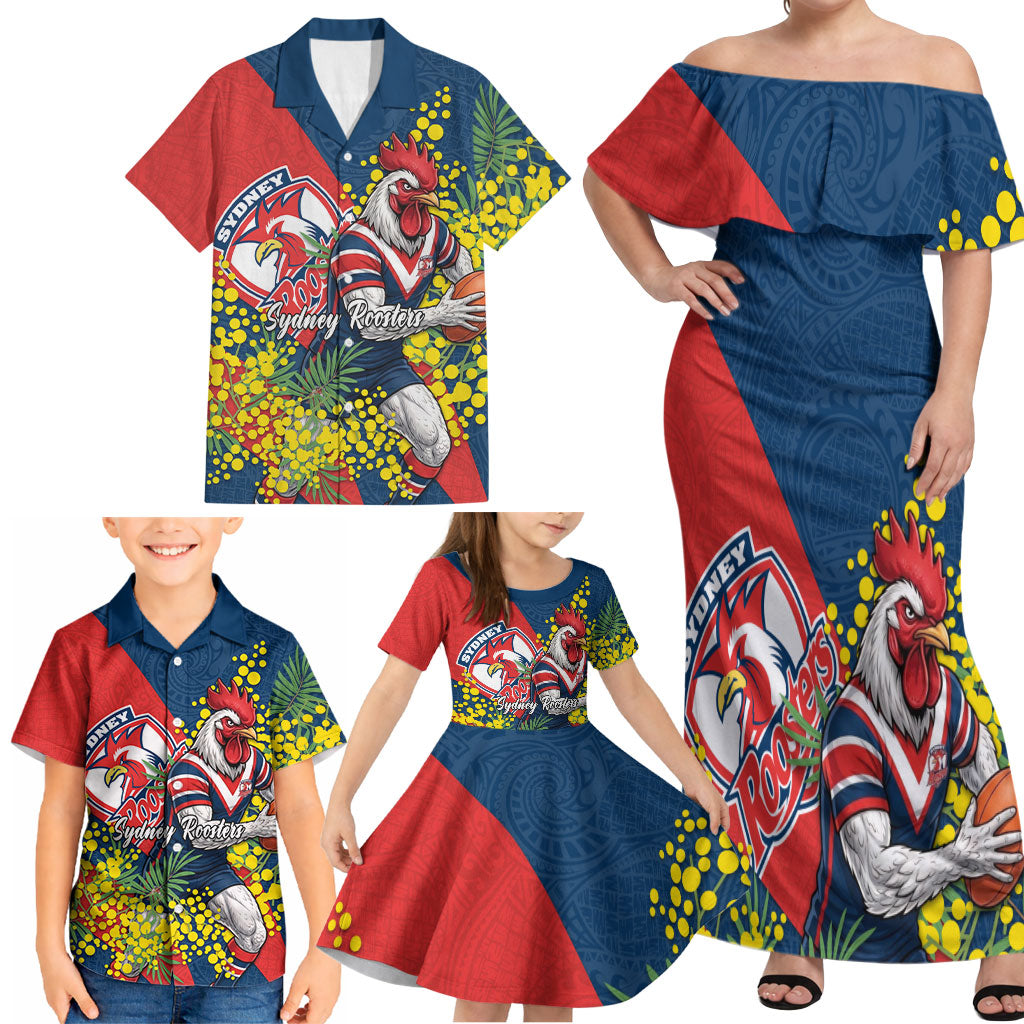 Sydney Roosters Family Matching Off Shoulder Maxi Dress and Hawaiian Shirt Golden Wattle Floral Polynesian - Australian Flower - Rugby Mascot