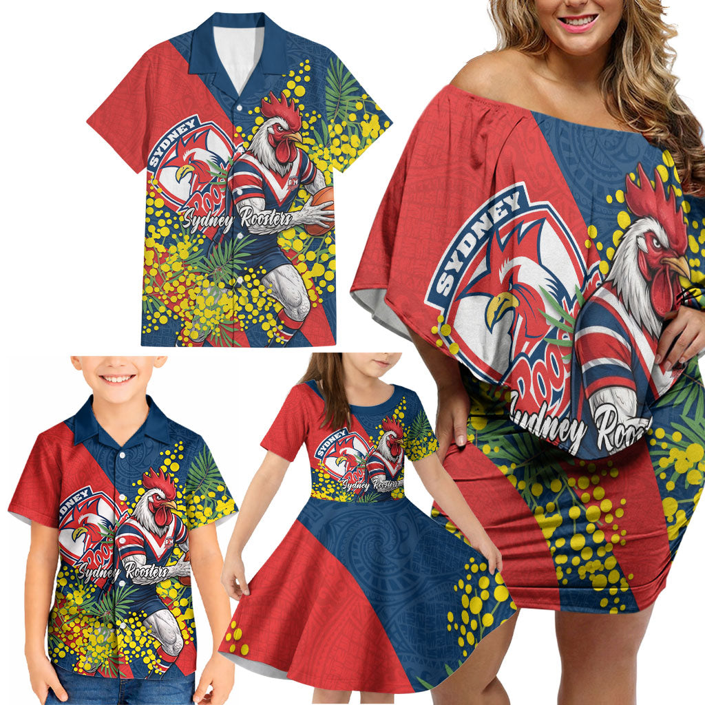 Sydney Roosters Family Matching Off Shoulder Short Dress and Hawaiian Shirt Golden Wattle Floral Polynesian - Australian Flower - Rugby Mascot