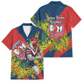 Sydney Roosters Family Matching Off Shoulder Short Dress and Hawaiian Shirt Golden Wattle Floral Polynesian - Australian Flower - Rugby Mascot