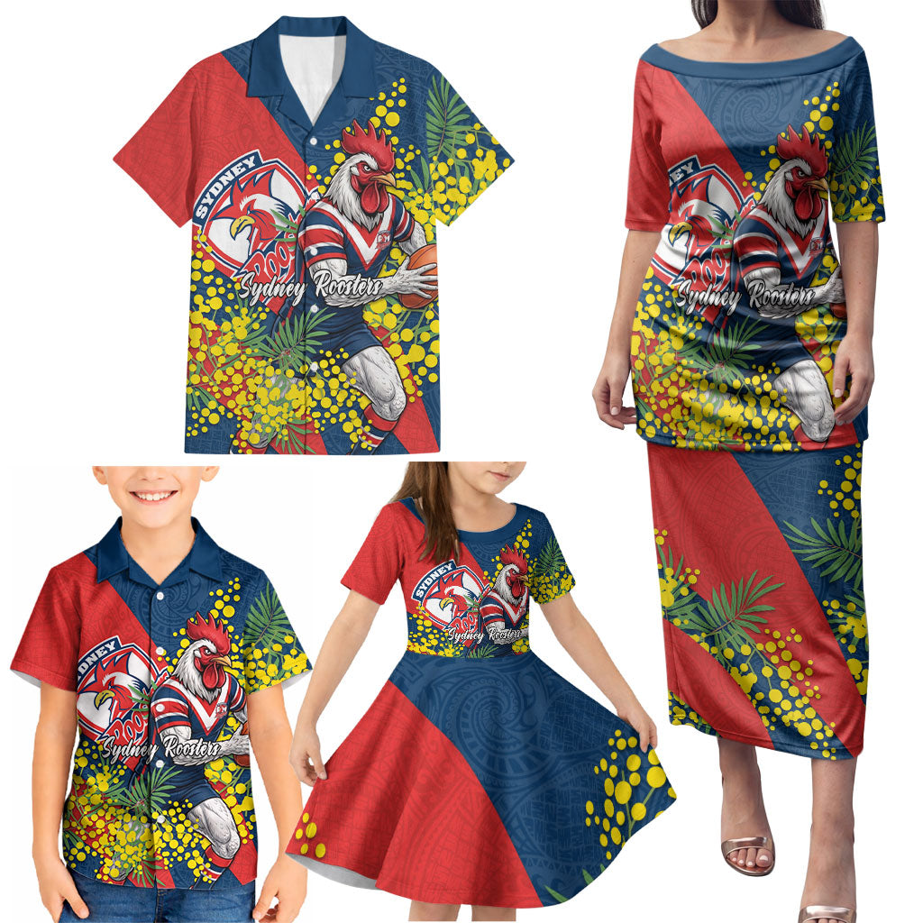 Sydney Roosters Family Matching Puletasi and Hawaiian Shirt Golden Wattle Floral Polynesian - Australian Flower - Rugby Mascot