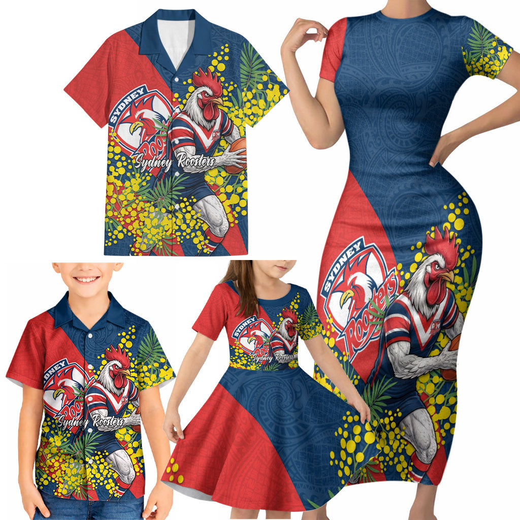 Sydney Roosters Family Matching Short Sleeve Bodycon Dress and Hawaiian Shirt Golden Wattle Floral Polynesian - Australian Flower - Rugby Mascot