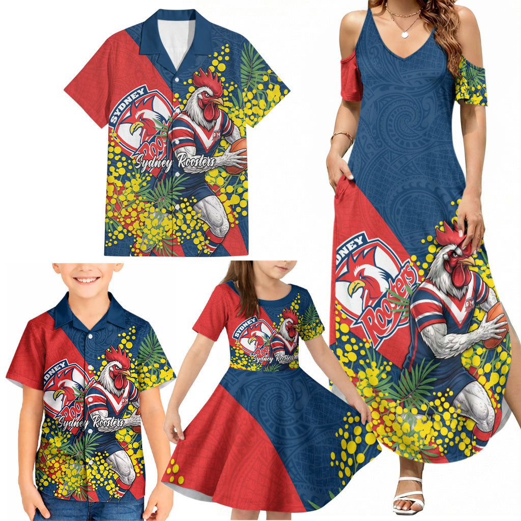 Sydney Roosters Family Matching Summer Maxi Dress and Hawaiian Shirt Golden Wattle Floral Polynesian - Australian Flower - Rugby Mascot
