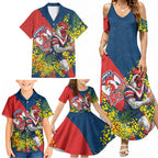 Sydney Roosters Family Matching Summer Maxi Dress and Hawaiian Shirt Golden Wattle Floral Polynesian - Australian Flower - Rugby Mascot