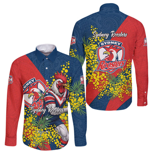 Sydney Roosters Family Matching Summer Maxi Dress and Hawaiian Shirt Golden Wattle Floral Polynesian - Australian Flower - Rugby Mascot