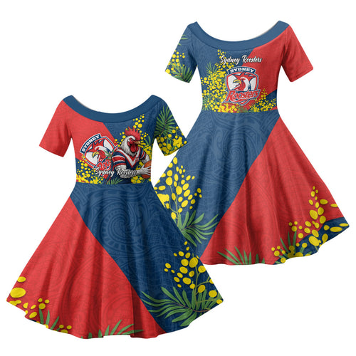 Sydney Roosters Family Matching Summer Maxi Dress and Hawaiian Shirt Golden Wattle Floral Polynesian - Australian Flower - Rugby Mascot