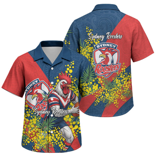 Sydney Roosters Family Matching Summer Maxi Dress and Hawaiian Shirt Golden Wattle Floral Polynesian - Australian Flower - Rugby Mascot