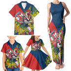 Sydney Roosters Family Matching Tank Maxi Dress and Hawaiian Shirt Golden Wattle Floral Polynesian - Australian Flower - Rugby Mascot