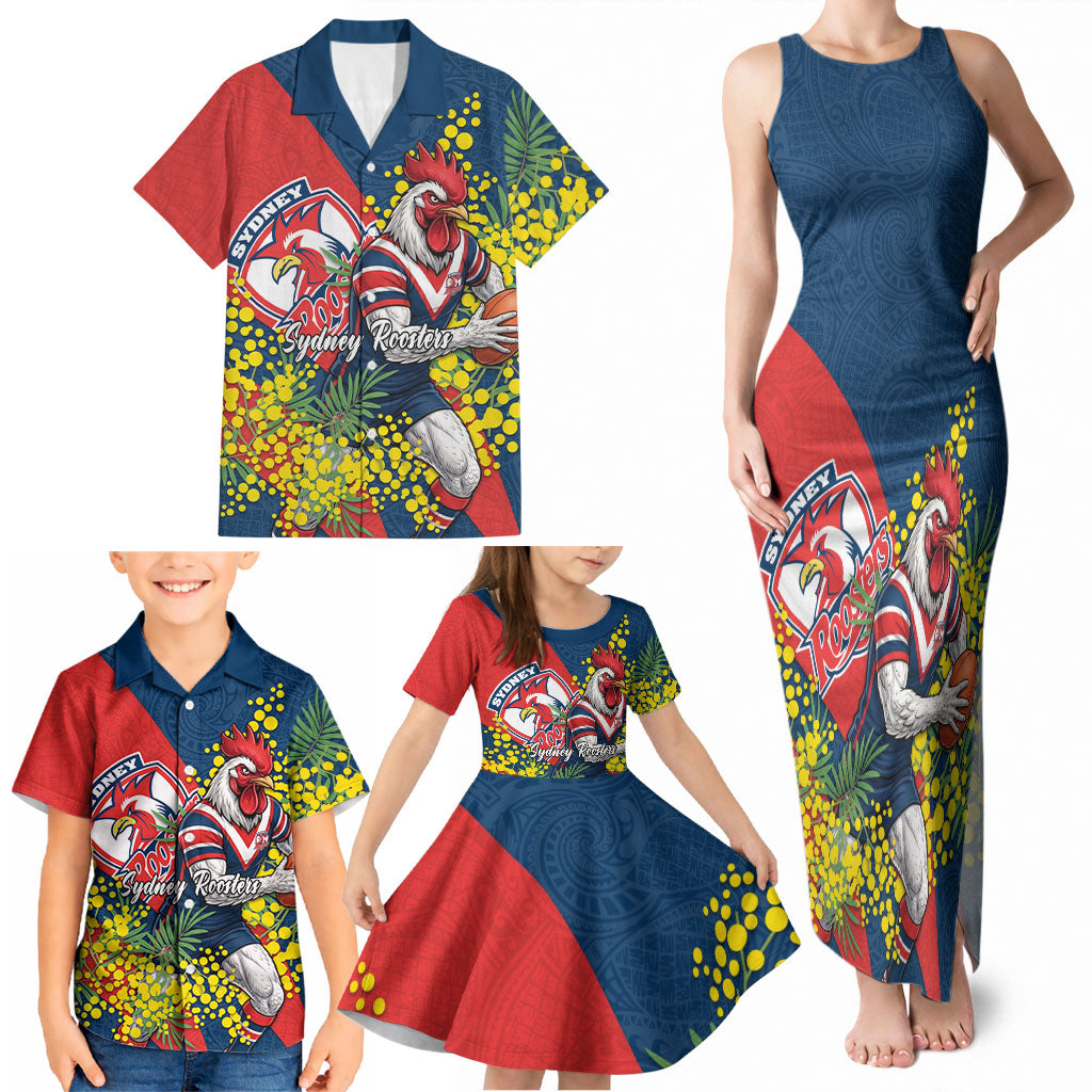 Sydney Roosters Family Matching Tank Maxi Dress and Hawaiian Shirt Golden Wattle Floral Polynesian - Australian Flower - Rugby Mascot