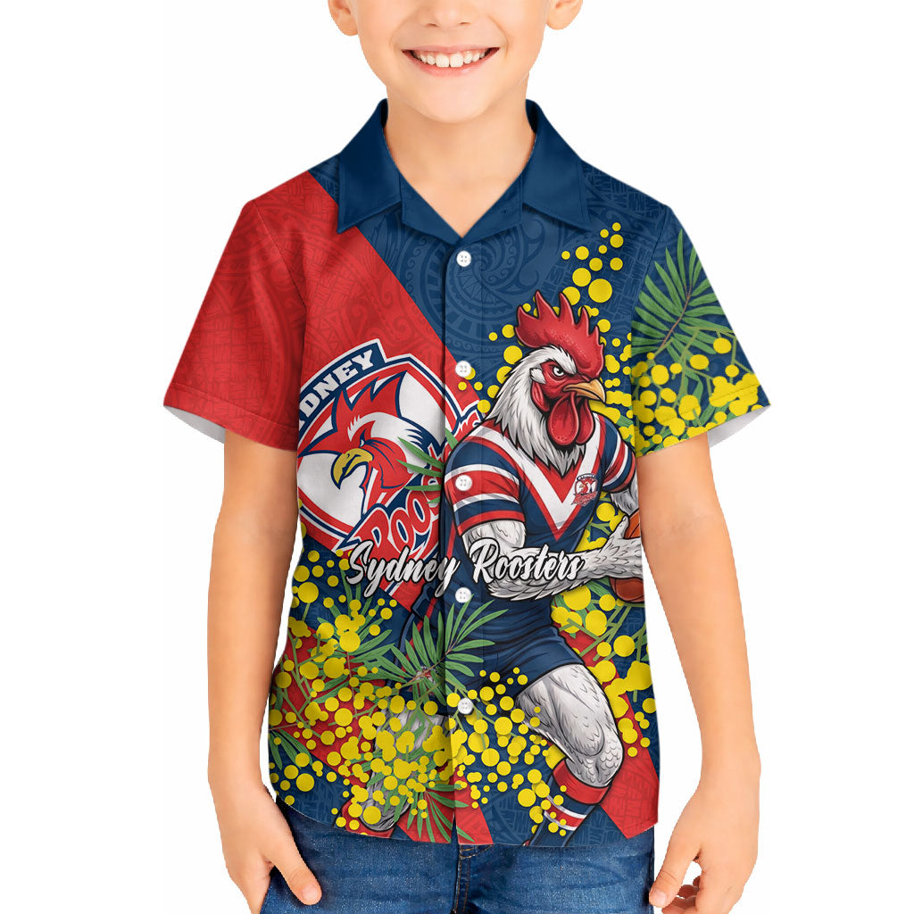 Sydney Roosters Hawaiian Shirt Golden Wattle Floral Polynesian - Australian Flower - Rugby Mascot