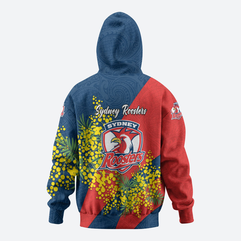 Sydney Roosters Hoodie Golden Wattle Floral Polynesian - Australian Flower - Rugby Mascot
