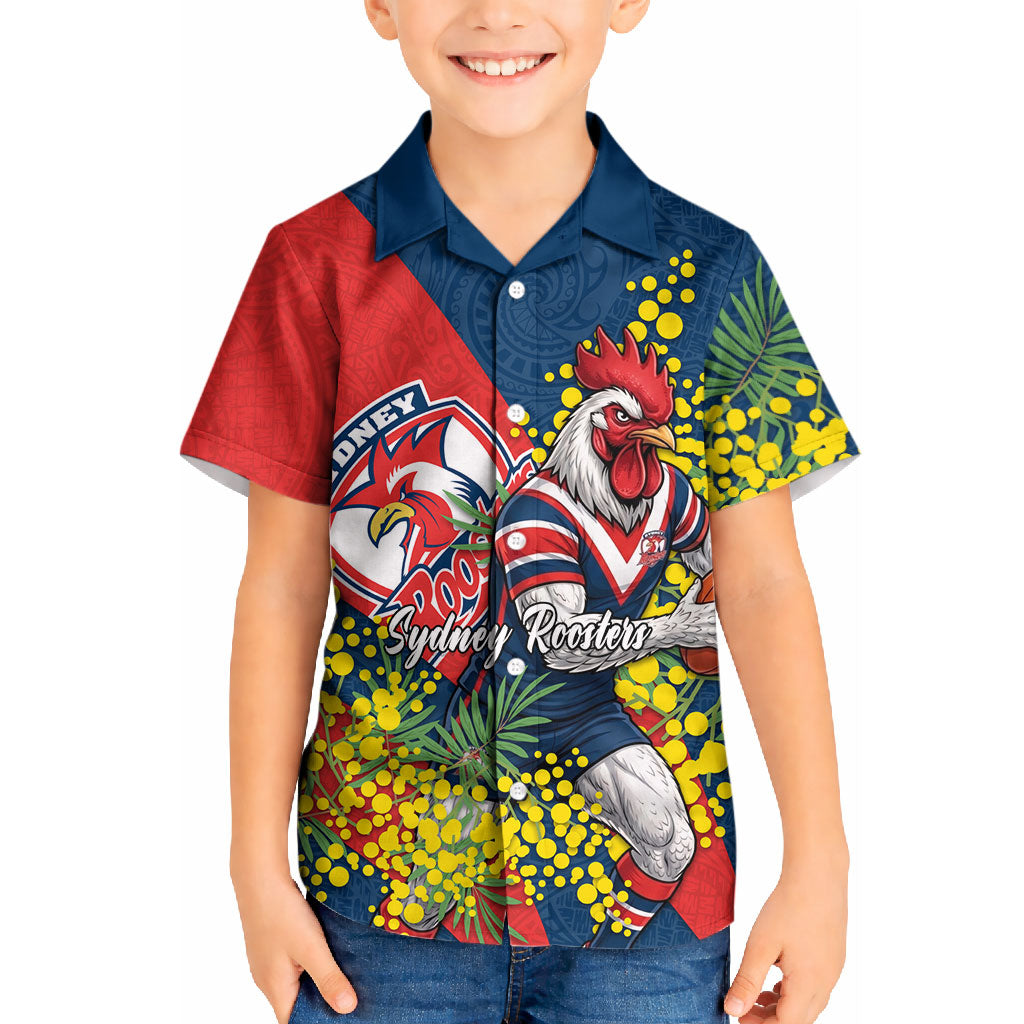 Sydney Roosters Kid Hawaiian Shirt Golden Wattle Floral Polynesian - Australian Flower - Rugby Mascot