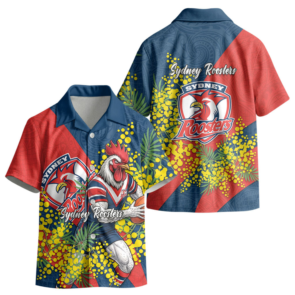 Sydney Roosters Kid Hawaiian Shirt Golden Wattle Floral Polynesian - Australian Flower - Rugby Mascot