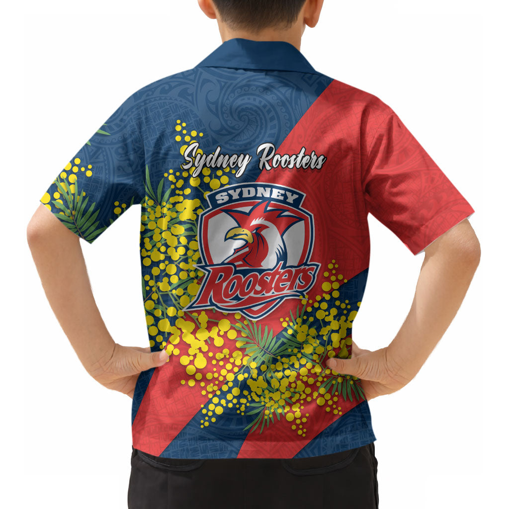 Sydney Roosters Kid Hawaiian Shirt Golden Wattle Floral Polynesian - Australian Flower - Rugby Mascot