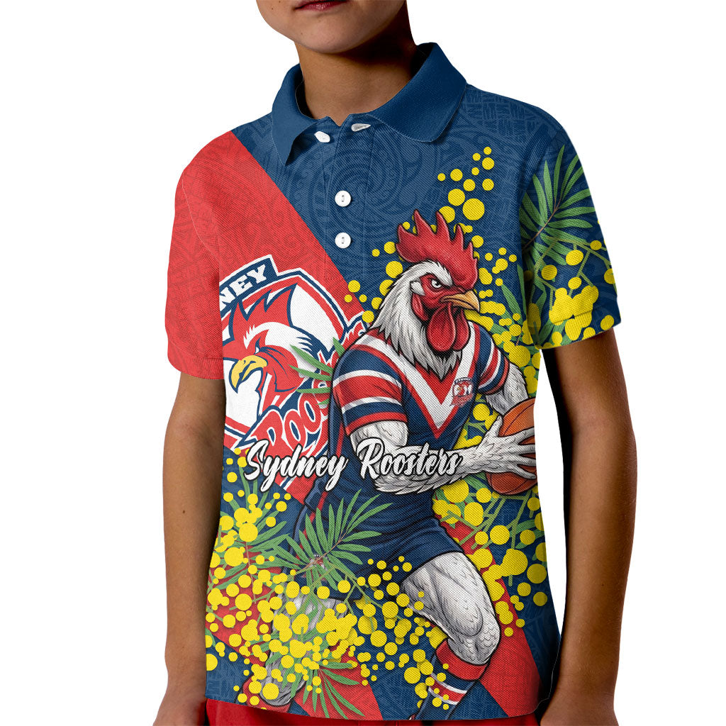 Sydney Roosters Kid Polo Shirt Golden Wattle Floral Polynesian - Australian Flower - Rugby Mascot