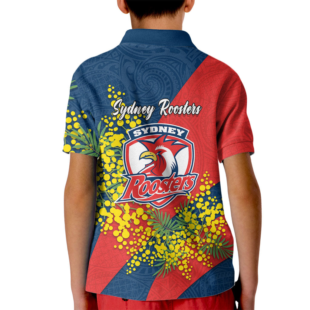 Sydney Roosters Kid Polo Shirt Golden Wattle Floral Polynesian - Australian Flower - Rugby Mascot