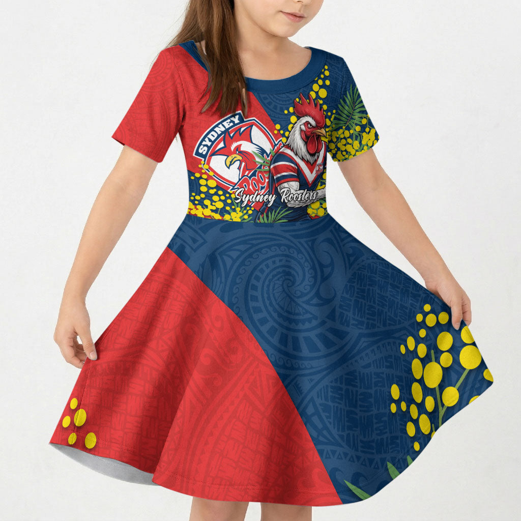 Sydney Roosters Kid Short Sleeve Dress Golden Wattle Floral Polynesian - Australian Flower - Rugby Mascot