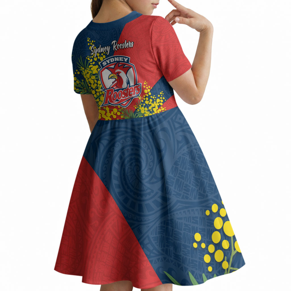 Sydney Roosters Kid Short Sleeve Dress Golden Wattle Floral Polynesian - Australian Flower - Rugby Mascot