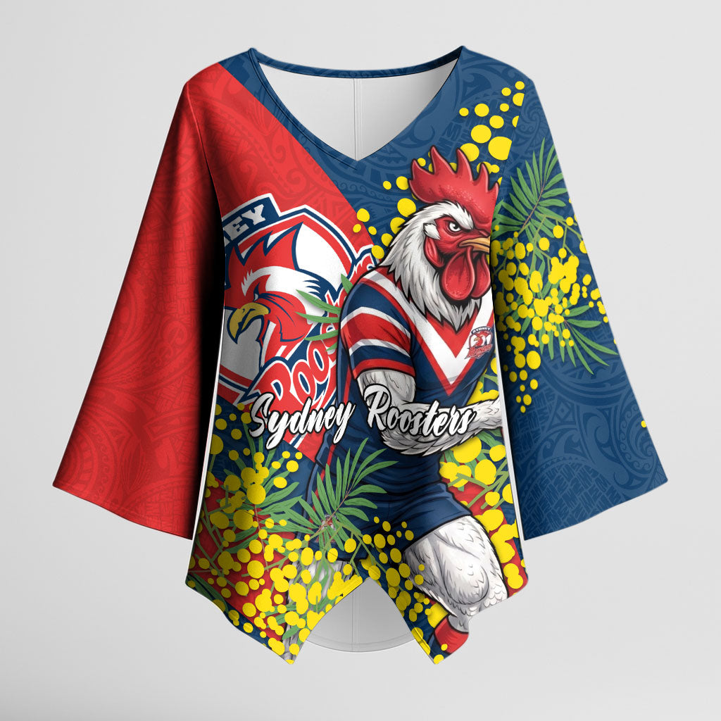 Sydney Roosters Kimono Sleeve Blouse Golden Wattle Floral Polynesian - Australian Flower - Rugby Mascot