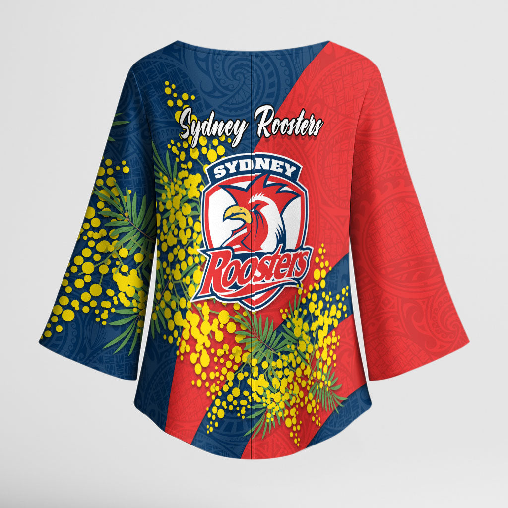 Sydney Roosters Kimono Sleeve Blouse Golden Wattle Floral Polynesian - Australian Flower - Rugby Mascot