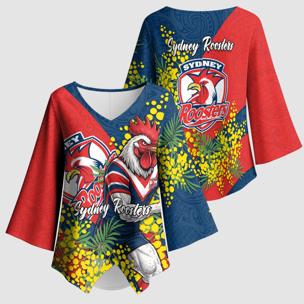 Sydney Roosters Kimono Sleeve Blouse Golden Wattle Floral Polynesian - Australian Flower - Rugby Mascot