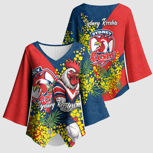 Sydney Roosters Kimono Sleeve Blouse Golden Wattle Floral Polynesian - Australian Flower - Rugby Mascot