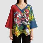 Sydney Roosters Kimono Sleeve Blouse Golden Wattle Floral Polynesian - Australian Flower - Rugby Mascot