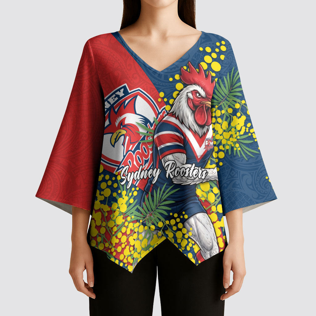 Sydney Roosters Kimono Sleeve Blouse Golden Wattle Floral Polynesian - Australian Flower - Rugby Mascot