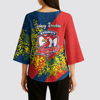 Sydney Roosters Kimono Sleeve Blouse Golden Wattle Floral Polynesian - Australian Flower - Rugby Mascot