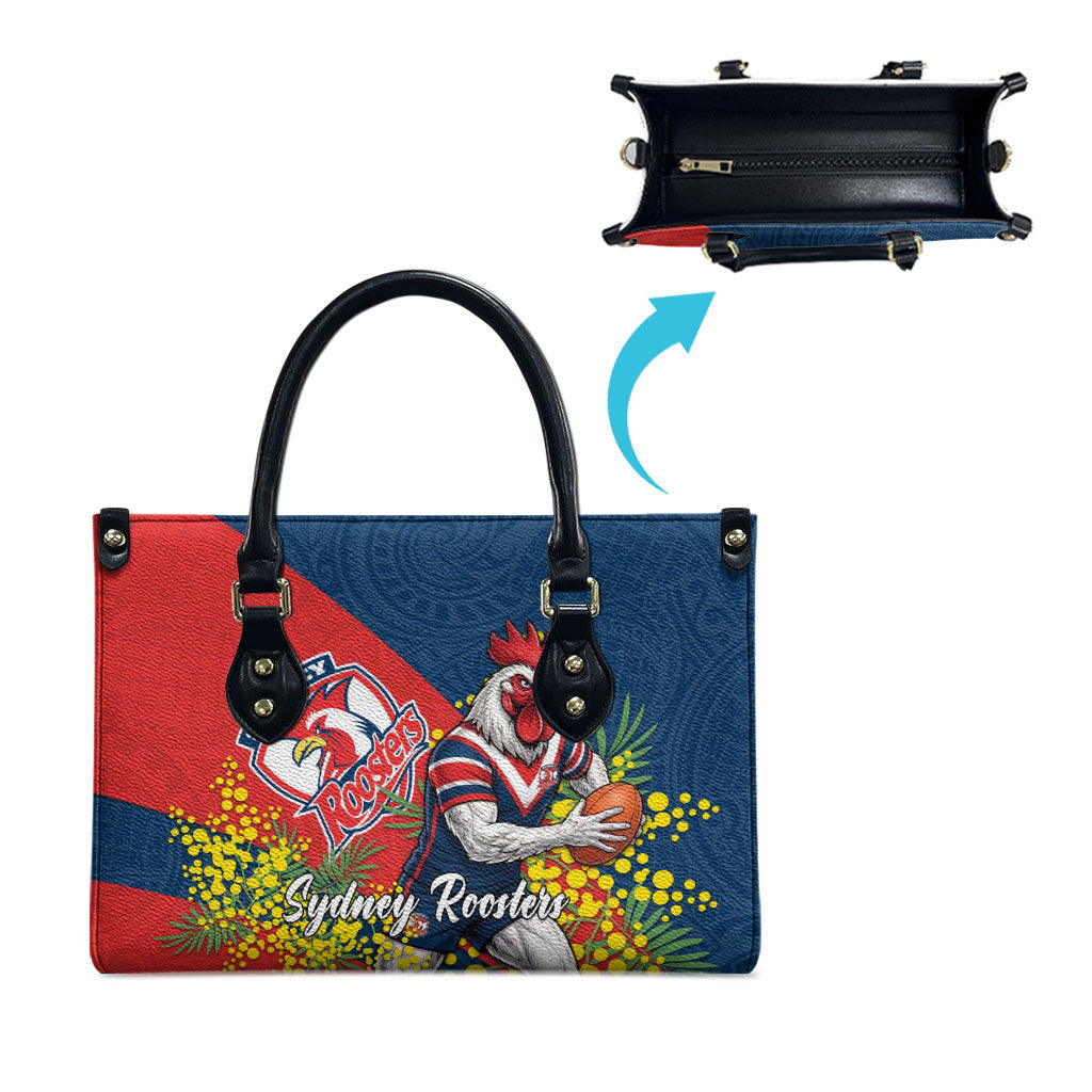 Sydney Roosters Leather Bag Golden Wattle Floral Polynesian - Australian Flower - Rugby Mascot