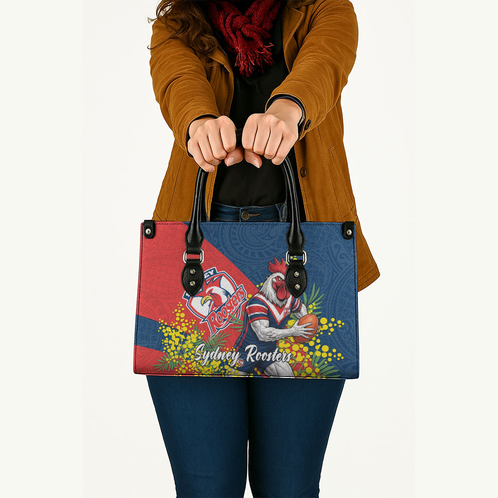 Sydney Roosters Leather Bag Golden Wattle Floral Polynesian - Australian Flower - Rugby Mascot