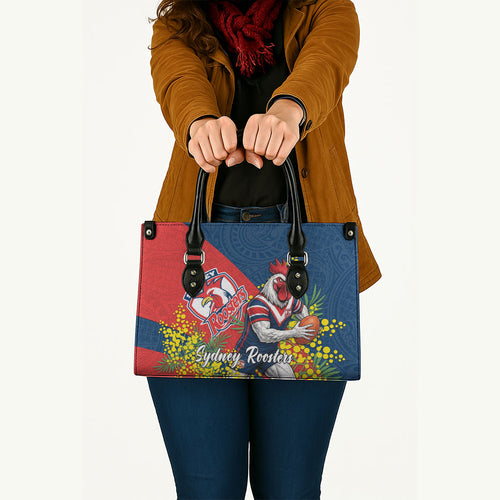 Sydney Roosters Leather Bag Golden Wattle Floral Polynesian - Australian Flower - Rugby Mascot