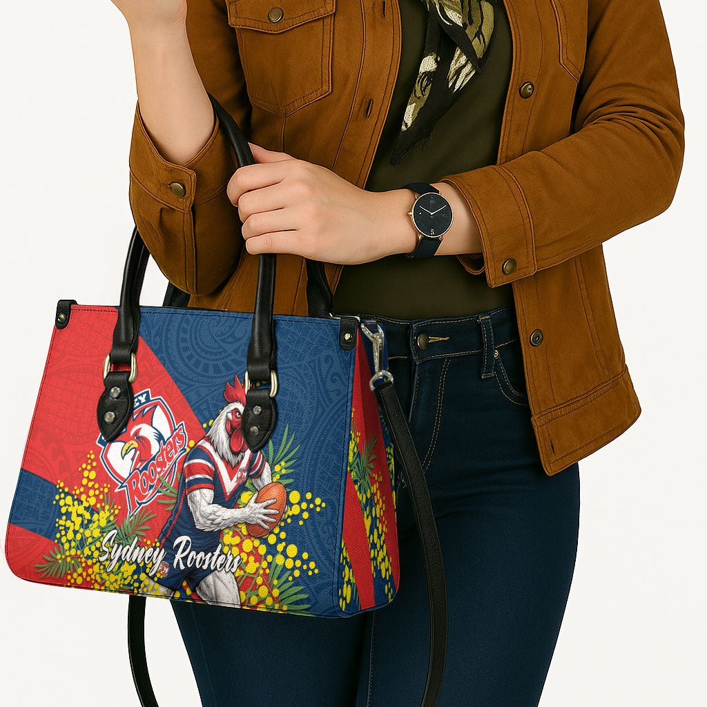 Sydney Roosters Leather Bag Golden Wattle Floral Polynesian - Australian Flower - Rugby Mascot