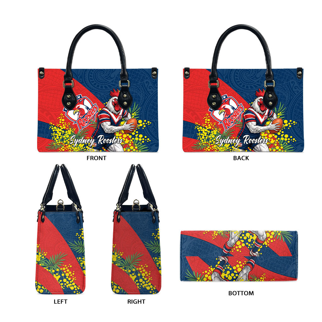 Sydney Roosters Leather Bag Golden Wattle Floral Polynesian - Australian Flower - Rugby Mascot