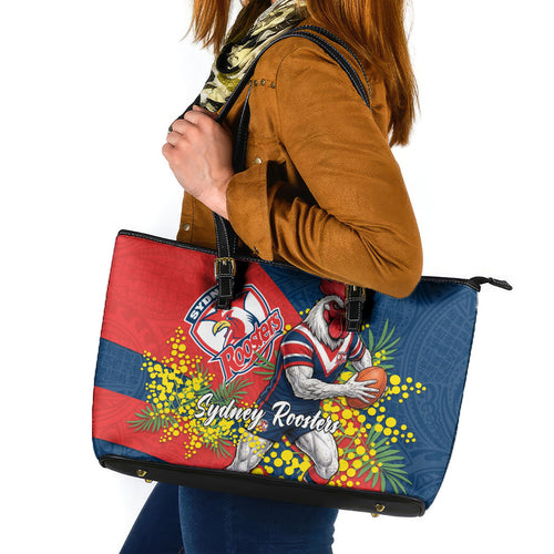 Sydney Roosters Leather Tote Bag Golden Wattle Floral Polynesian - Australian Flower - Rugby Mascot