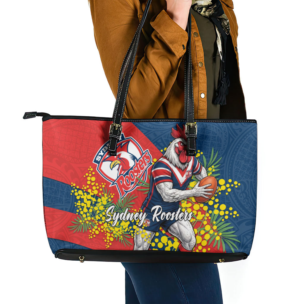 Sydney Roosters Leather Tote Bag Golden Wattle Floral Polynesian - Australian Flower - Rugby Mascot