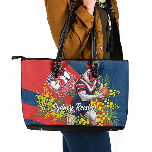Sydney Roosters Leather Tote Bag Golden Wattle Floral Polynesian - Australian Flower - Rugby Mascot