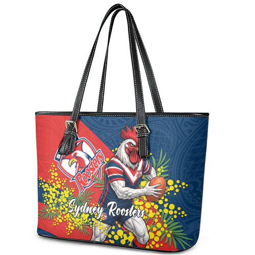 Sydney Roosters Leather Tote Bag Golden Wattle Floral Polynesian - Australian Flower - Rugby Mascot