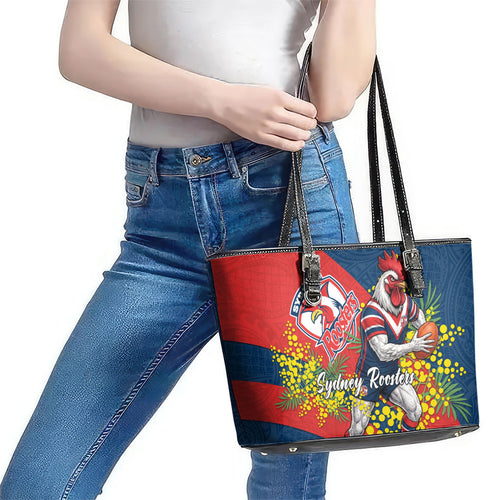 Sydney Roosters Leather Tote Bag Golden Wattle Floral Polynesian - Australian Flower - Rugby Mascot