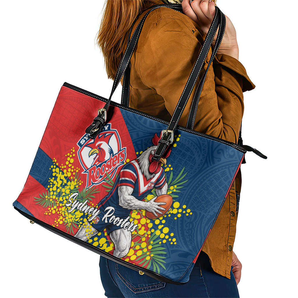 Sydney Roosters Leather Tote Bag Golden Wattle Floral Polynesian - Australian Flower - Rugby Mascot