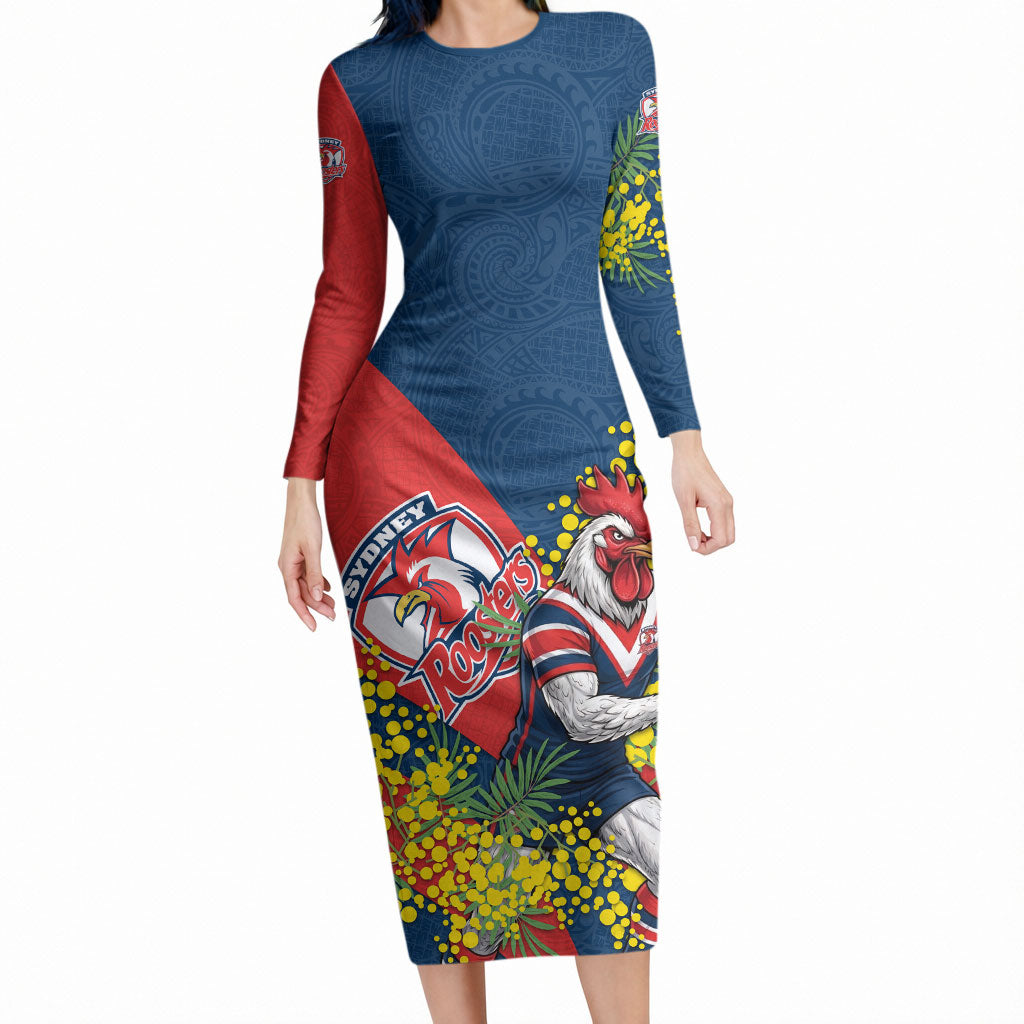 Sydney Roosters Long Sleeve Bodycon Dress Golden Wattle Floral Polynesian - Australian Flower - Rugby Mascot