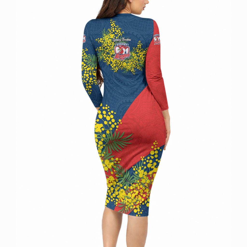 Sydney Roosters Long Sleeve Bodycon Dress Golden Wattle Floral Polynesian - Australian Flower - Rugby Mascot