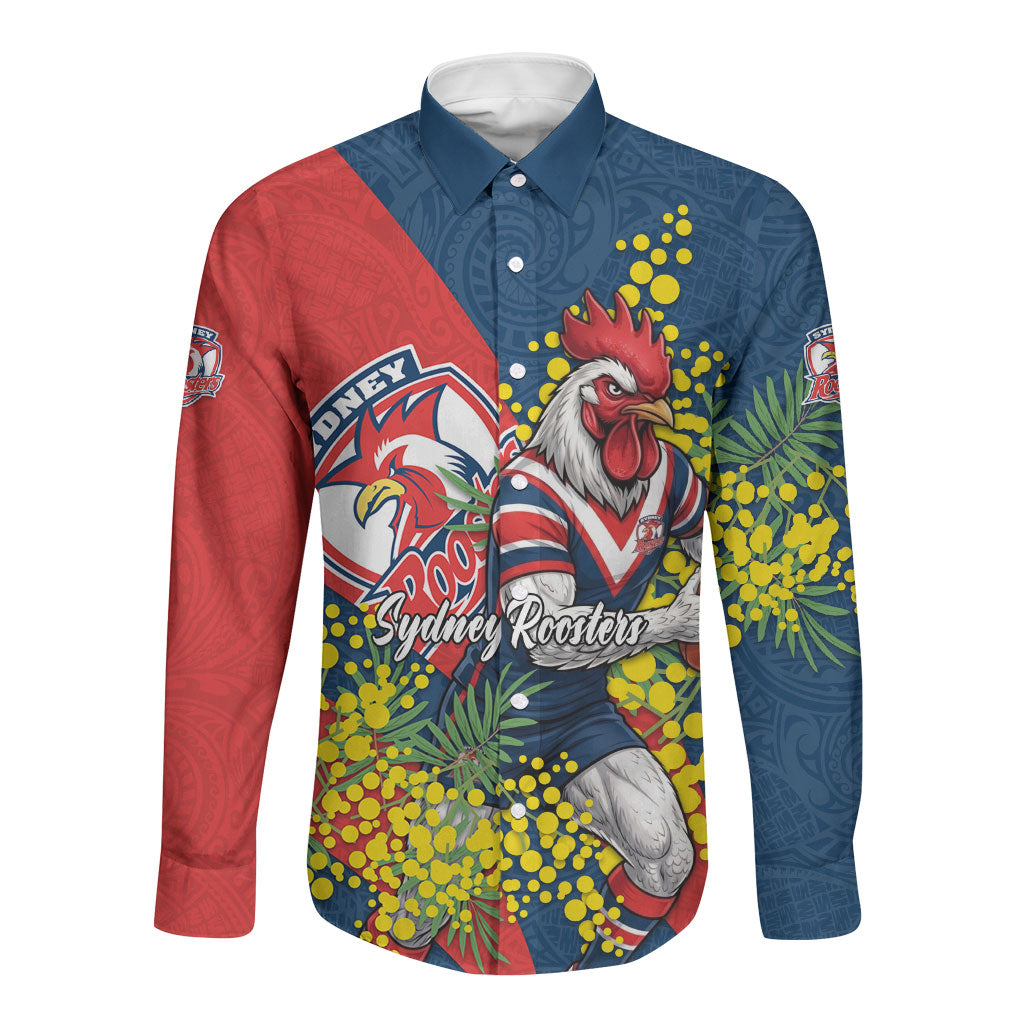 Sydney Roosters Long Sleeve Button Shirt Golden Wattle Floral Polynesian - Australian Flower - Rugby Mascot