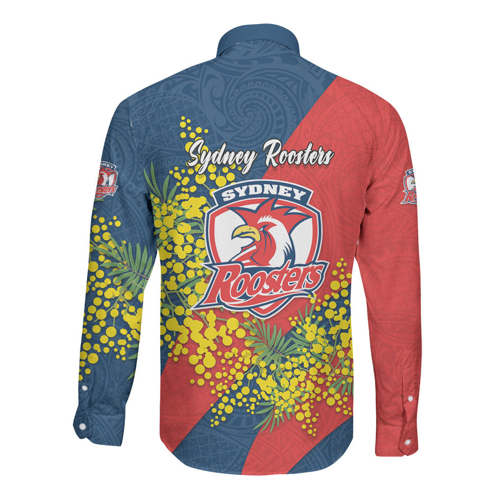 Sydney Roosters Long Sleeve Button Shirt Golden Wattle Floral Polynesian - Australian Flower - Rugby Mascot