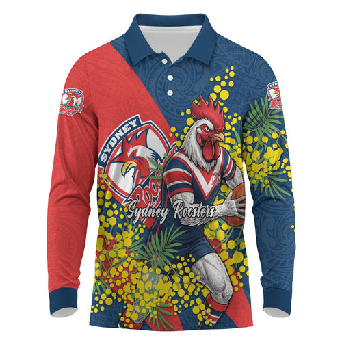 Sydney Roosters Long Sleeve Polo Shirt Golden Wattle Floral Polynesian - Australian Flower - Rugby Mascot