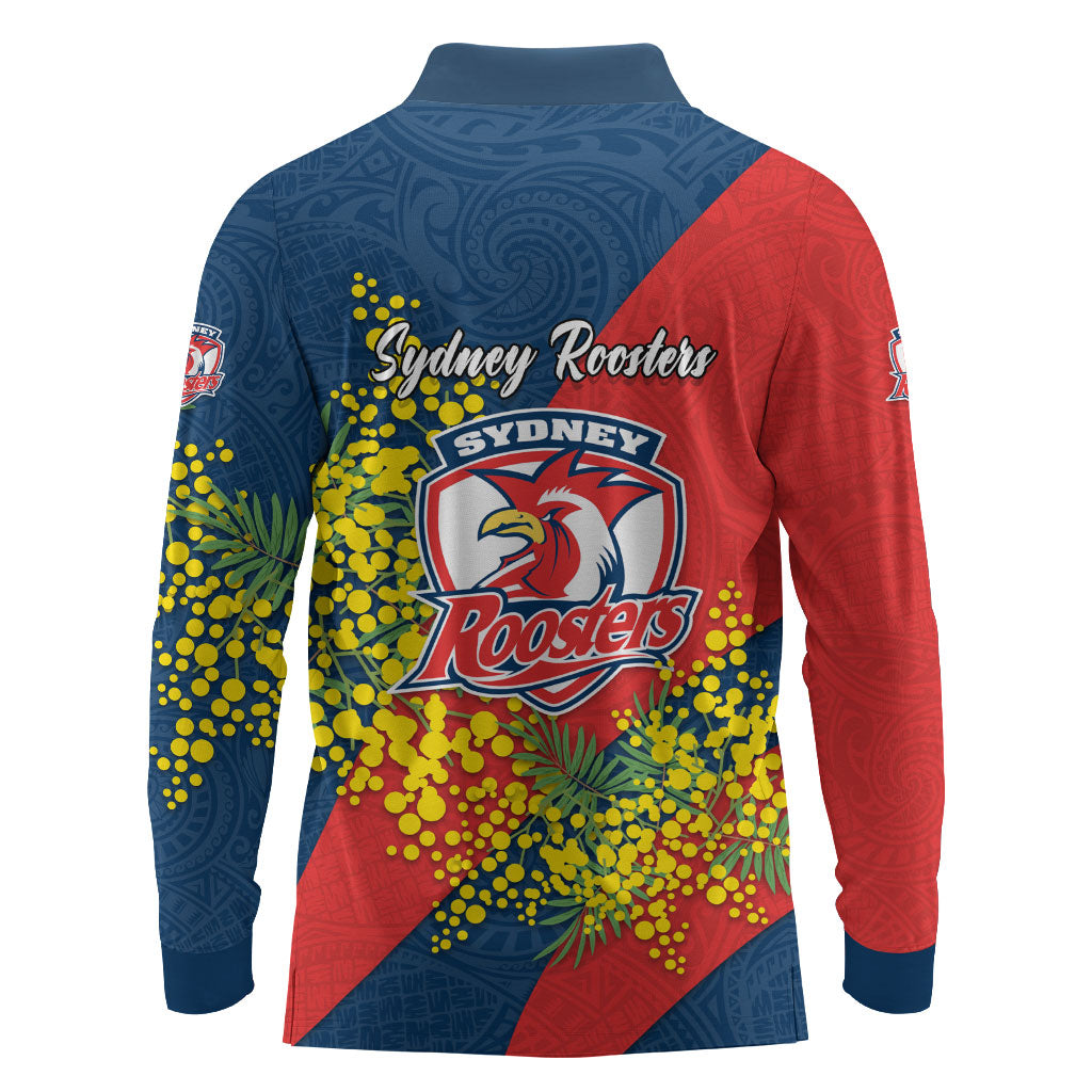 Sydney Roosters Long Sleeve Polo Shirt Golden Wattle Floral Polynesian - Australian Flower - Rugby Mascot